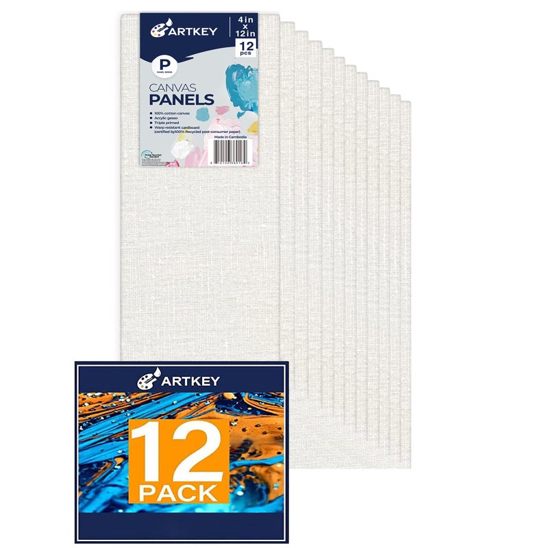 Artkey Canvas Panels 4x12 Inch 12-Pack, 10 oz Primed 100% Cotton White Blank Canvases for Painting, Flat Canvas Boards for Oil Acrylics Watercolor & Tempera Paints - Image 1