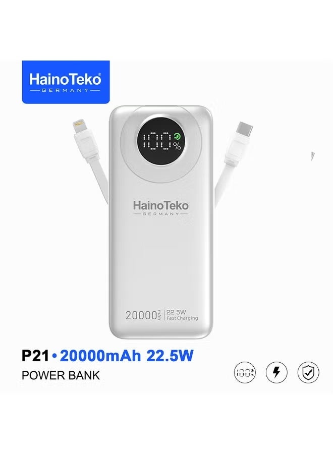 Haino Teko P21 20000mAh Portable Power Bank with 22.5W Fast Charging, LED Digital Display, Built-in Cables, Dual Device Support, Compact Durable Design – Silver External Battery Pack for Smartphones, Tablets, Gadgets, Travel, Work, Office, and Daily Use - Image 1