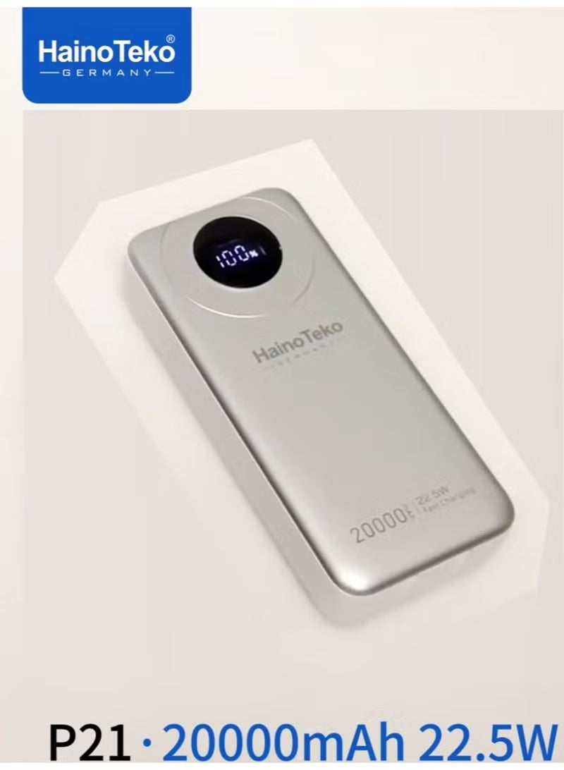 Haino Teko P21 20000mAh Portable Power Bank with 22.5W Fast Charging, LED Digital Display, Built-in Cables, Dual Device Support, Compact Durable Design – Silver External Battery Pack for Smartphones, Tablets, Gadgets, Travel, Work, Office, and Daily Use - Image 2