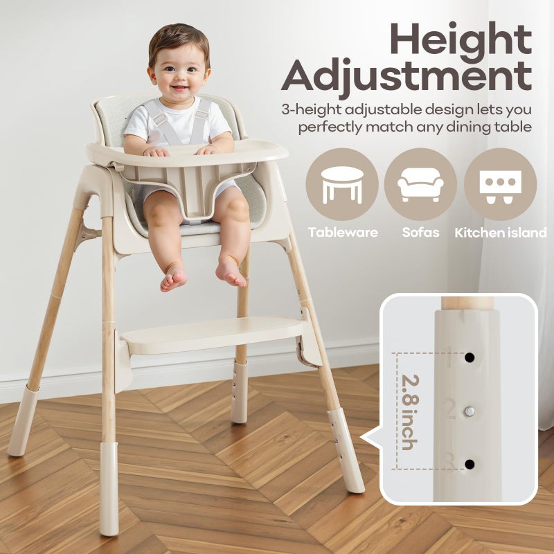 Mloong High Chair for Babies and Toddlers - Adjustable 4-in-1 Baby High Chairs with Dishwasher Tray, Easy Clean Highchair, Beige - Image 3
