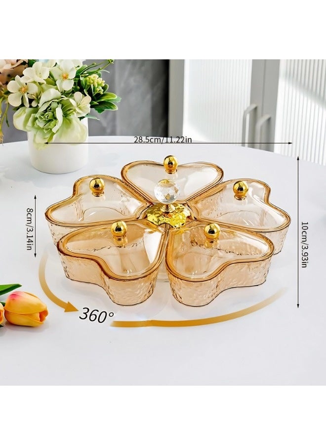 فيكسبلورن أطباق الحلوى، صينية تقديم دوارة مقسمة مع غطاء ومقبض، صندوق وجبات خفيفة محمول بخمسة أقسام للفواكه والحلوى والوجبات الخفيفة والخضروات والمكسرات ومنظم الوجبات الخفيفة الدوار - Image 2