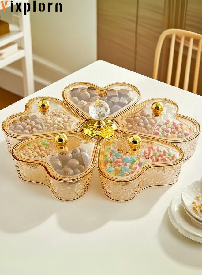 فيكسبلورن أطباق الحلوى، صينية تقديم دوارة مقسمة مع غطاء ومقبض، صندوق وجبات خفيفة محمول بخمسة أقسام للفواكه والحلوى والوجبات الخفيفة والخضروات والمكسرات ومنظم الوجبات الخفيفة الدوار - Image 1