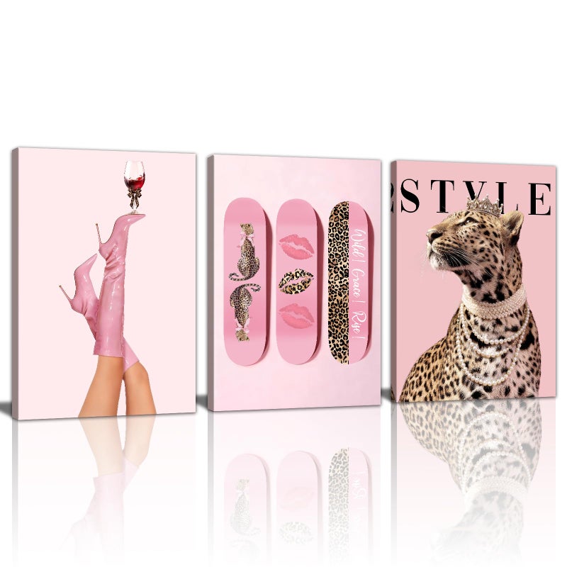 WENGTIAO 3Pcs Pink Leopard Canvas Wall Art Fashion Cheetah Paintings Prints Lucky Skateboard Pictures Boots Martini Posters Decor Coquette Preppy Aesthetic Artwork for Living Room Bedroom 12x16x3 inch