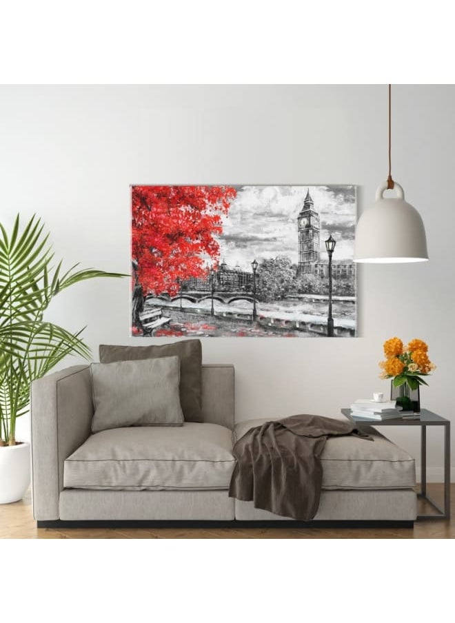 Home Gallery - Canvas Wall Art, Abstract Framed Portrait of Big ben and red tree. England. Bridge and river 120 W x 80 H x 2 D - Image 1