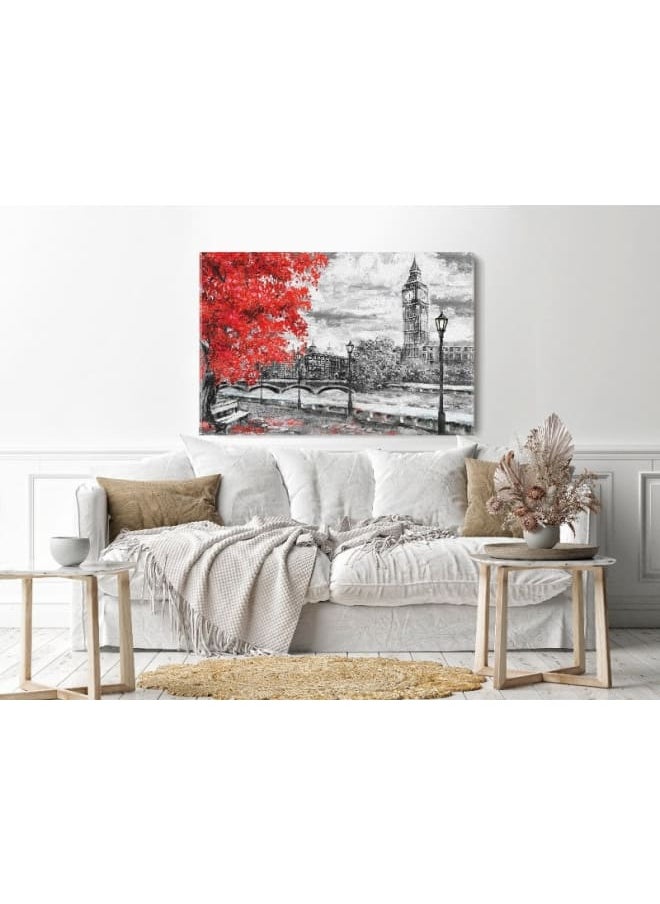 Home Gallery - Canvas Wall Art, Abstract Framed Portrait of Big ben and red tree. England. Bridge and river 120 W x 80 H x 2 D - Image 1