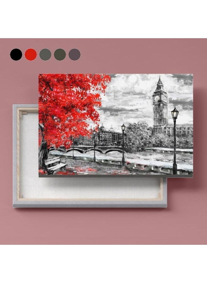 Home Gallery - Canvas Wall Art, Abstract Framed Portrait of Big ben and red tree. England. Bridge and river 120 W x 80 H x 2 D - Image 1