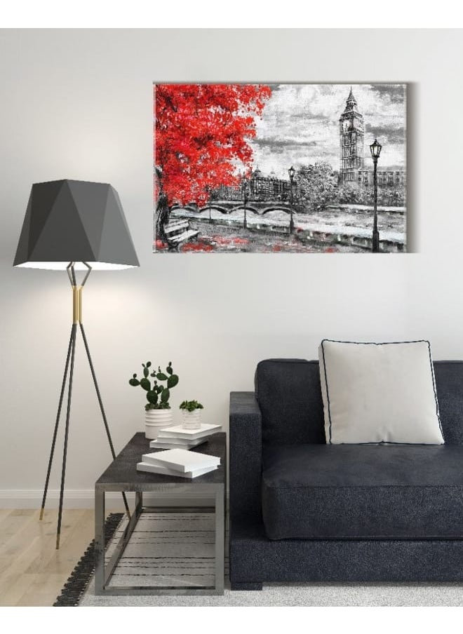 Home Gallery - Canvas Wall Art, Abstract Framed Portrait of Big ben and red tree. England. Bridge and river 120 W x 80 H x 2 D - Image 1