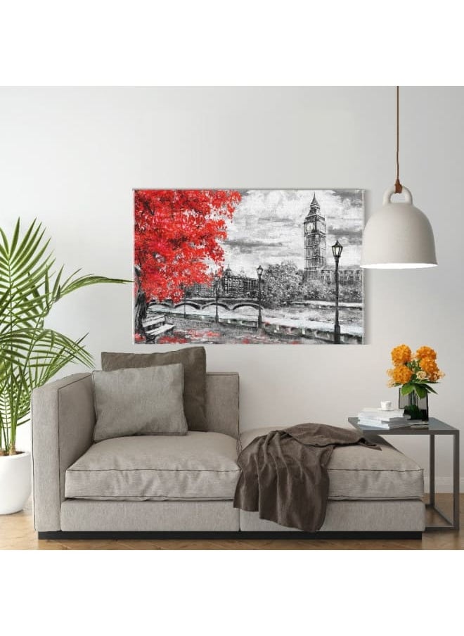 Home Gallery - Canvas Wall Art, Abstract Framed Portrait of Big ben and red tree. England. Bridge and river 120 W x 80 H x 2 D - Image 1