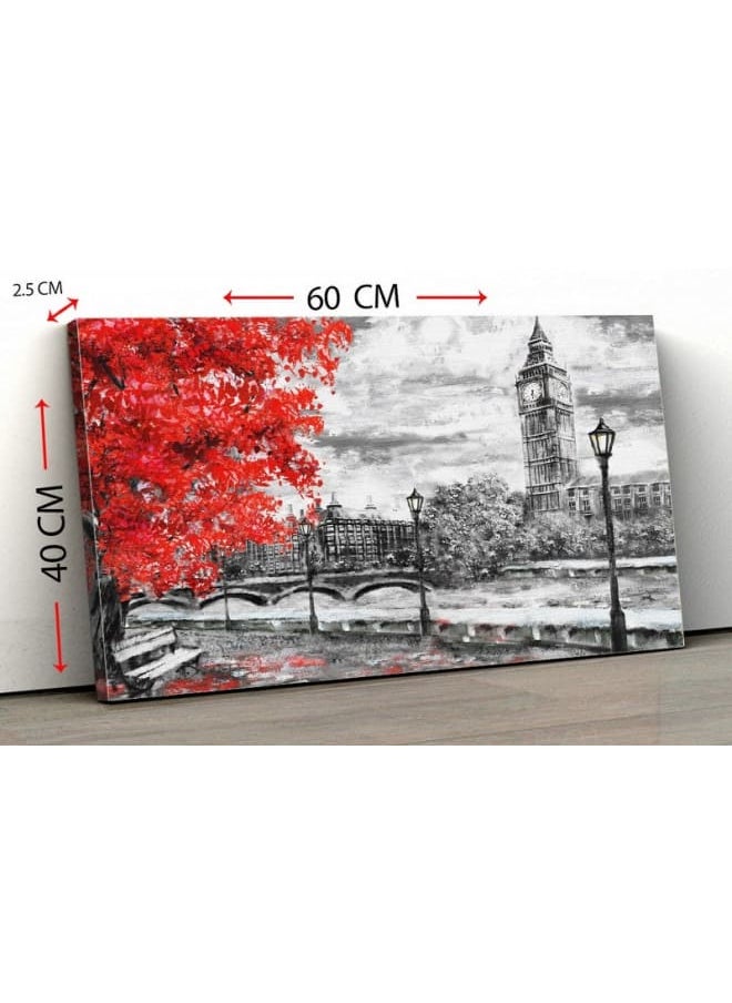 Home Gallery - Canvas Wall Art, Abstract Framed Portrait of Big ben and red tree. England. Bridge and river 120 W x 80 H x 2 D - Image 1