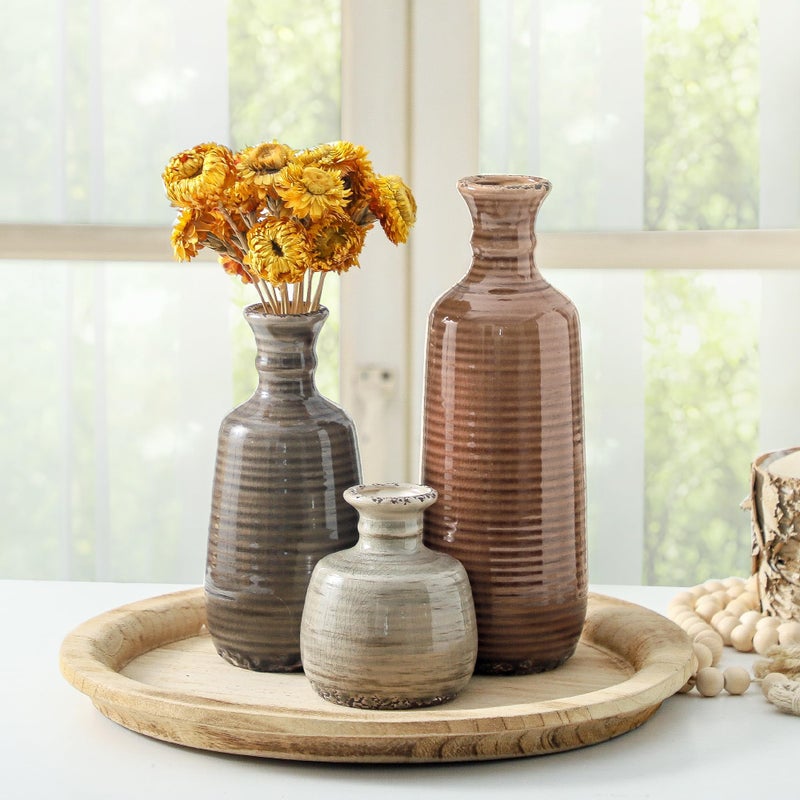 ooit Ceramic Vases Set of 3, Neutral Rustic Farmhouse Vases Home Decor Decorative Flower Vase Modern Boho Pampass Vase for Table Mantel Entryway Shelf Living Room Kitchen Bathroom - Brown - Image 5