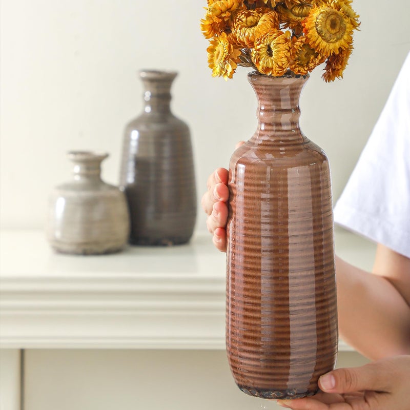 ooit Ceramic Vases Set of 3, Neutral Rustic Farmhouse Vases Home Decor Decorative Flower Vase Modern Boho Pampass Vase for Table Mantel Entryway Shelf Living Room Kitchen Bathroom - Brown - Image 4