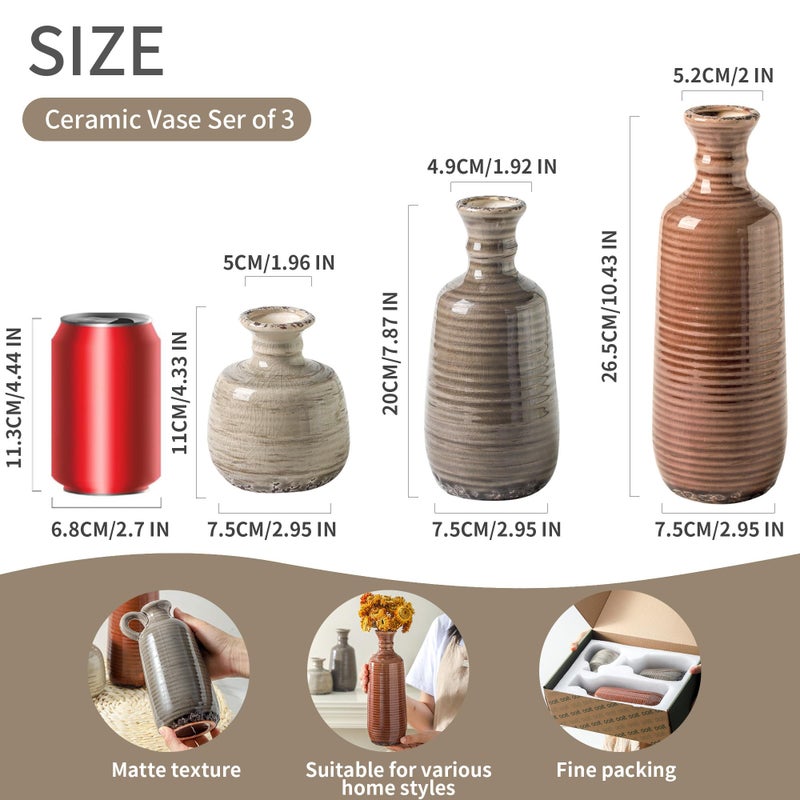 ooit Ceramic Vases Set of 3, Neutral Rustic Farmhouse Vases Home Decor Decorative Flower Vase Modern Boho Pampass Vase for Table Mantel Entryway Shelf Living Room Kitchen Bathroom - Brown - Image 2