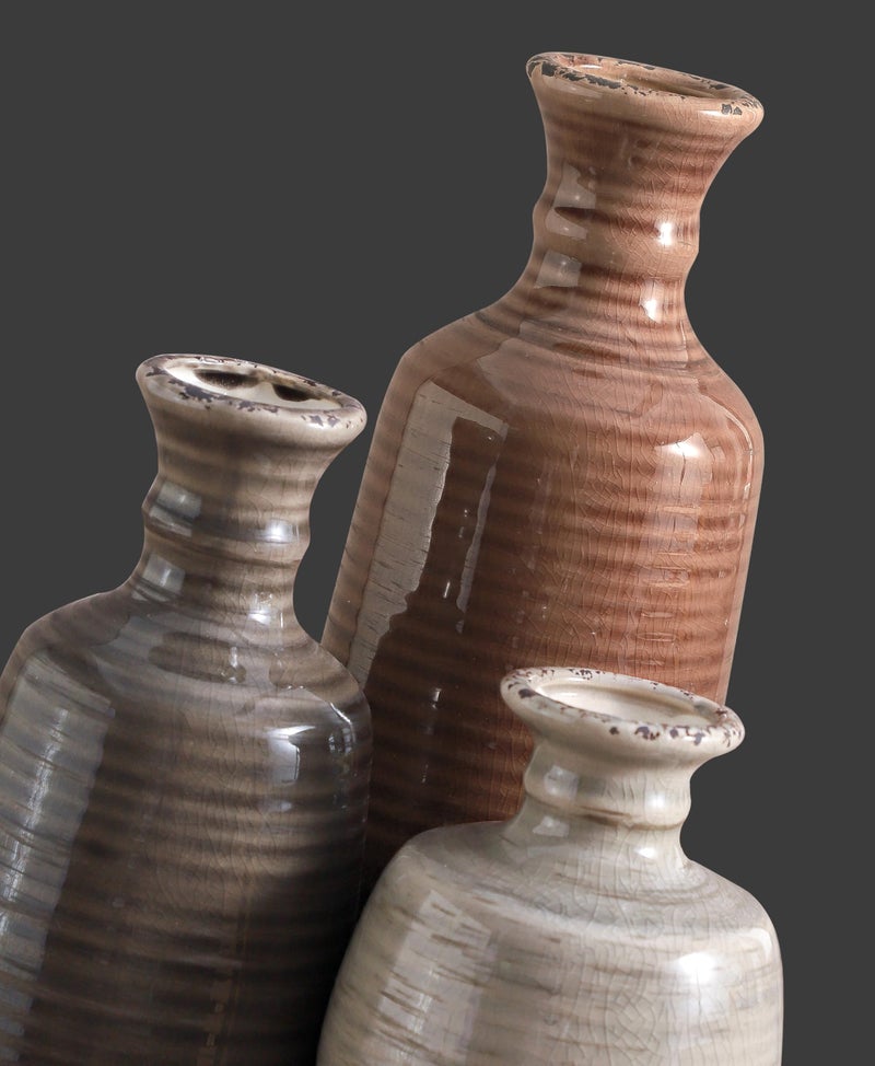 ooit Ceramic Vases Set of 3, Neutral Rustic Farmhouse Vases Home Decor Decorative Flower Vase Modern Boho Pampass Vase for Table Mantel Entryway Shelf Living Room Kitchen Bathroom - Brown - Image 3