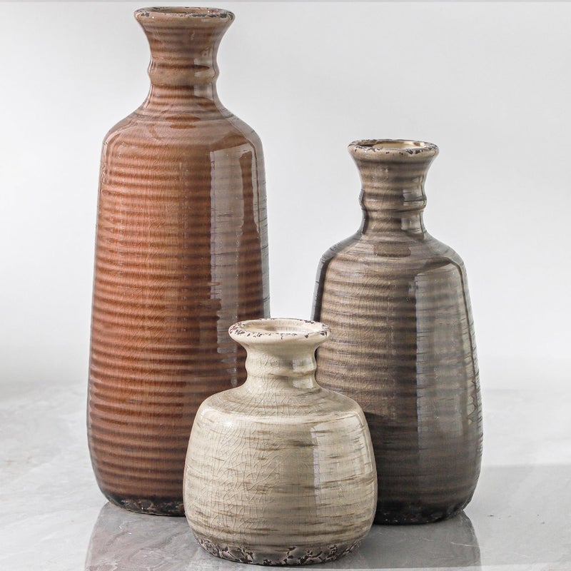 ooit Ceramic Vases Set of 3, Neutral Rustic Farmhouse Vases Home Decor Decorative Flower Vase Modern Boho Pampass Vase for Table Mantel Entryway Shelf Living Room Kitchen Bathroom - Brown - Image 1