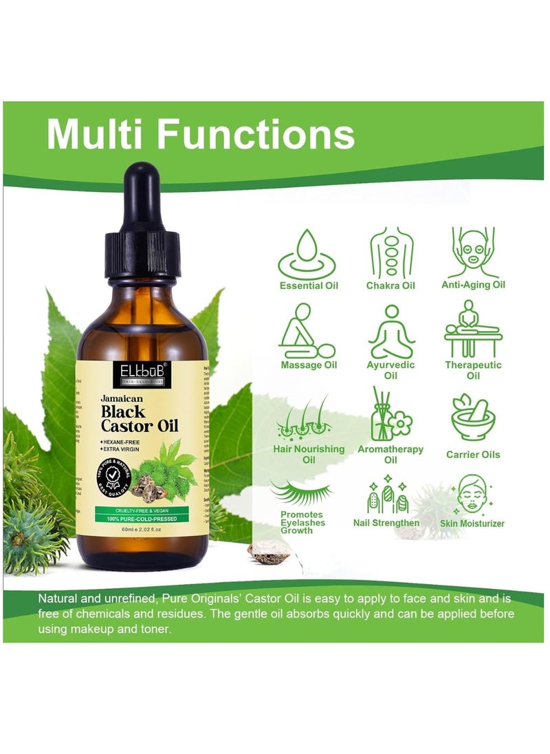 ELBBUB - 60ml Jamaican Black Cold Pressed Castor Oil for Hair and Skin Care Eyelashes and Eyebrows Hair Loss & Dry Damaged Hair Nourishment Scalp Stimulates Hair Growth for Men & Women - Image 1