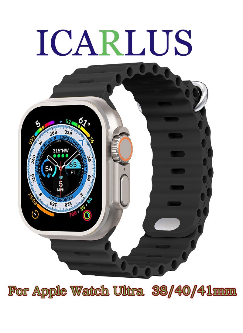 ICARLUS - Ocean Band Compatible with Apple Watch Ultra Band 41/40/38mm Men Women, Soft Silicone Sport Band Replacement Strap for Apple Watch Ultra2/Ultra iWatch Series 9 8 7 SE 6 5 4 3 2 1 Black - Image 1
