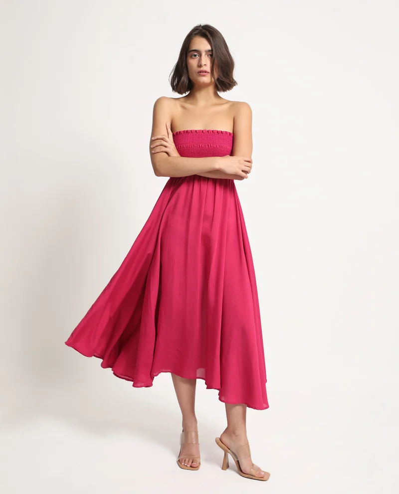 Rareism Rareism Women Sperb Dark Pink Viscose Nylon Fabric Sleeveless Tube Neck Shoulder Straps Fit And Flare Plain Knee Length Empire Dress