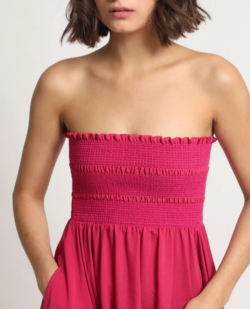 Rareism Rareism Women Sperb Dark Pink Viscose Nylon Fabric Sleeveless Tube Neck Shoulder Straps Fit And Flare Plain Knee Length Empire Dress