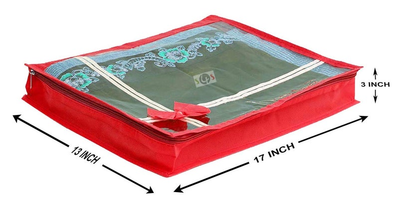 S4S S4S 18 Piece Non Woven Transparent View Flower Design Attractive bow Saree Cover Bag with Stainless Steel Zip Lock Cloth Cover Wardrobe Organizer 80gsm fabric_Large_Red - Image 3
