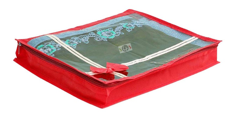 S4S S4S 18 Piece Non Woven Transparent View Flower Design Attractive bow Saree Cover Bag with Stainless Steel Zip Lock Cloth Cover Wardrobe Organizer 80gsm fabric_Large_Red - Image 4