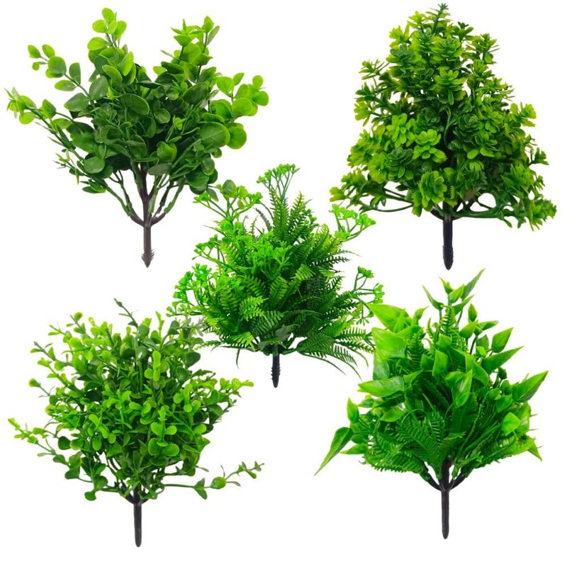 Dekorly Artificial Mix Green Grass Fake Outdoors Plant Bushes Decor Faux Greenery Shrubs for Outdoor and Indoor, Artificial Shrubs Stems | Height- 7inches (Multi-5) - Image 1