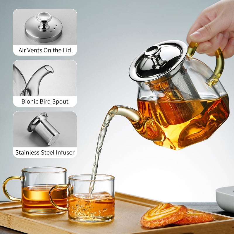 DOPUDO Glass Tea Pot with Stainless Steel Infuser and Lid (Octagonal), Clear Glass Teapot, Borosilicate Hydrochloric Glass Heat Resistant, Fine Glass Filter for Flower Tea, Tea Bags (27 oz / 800 ml) - Image 3
