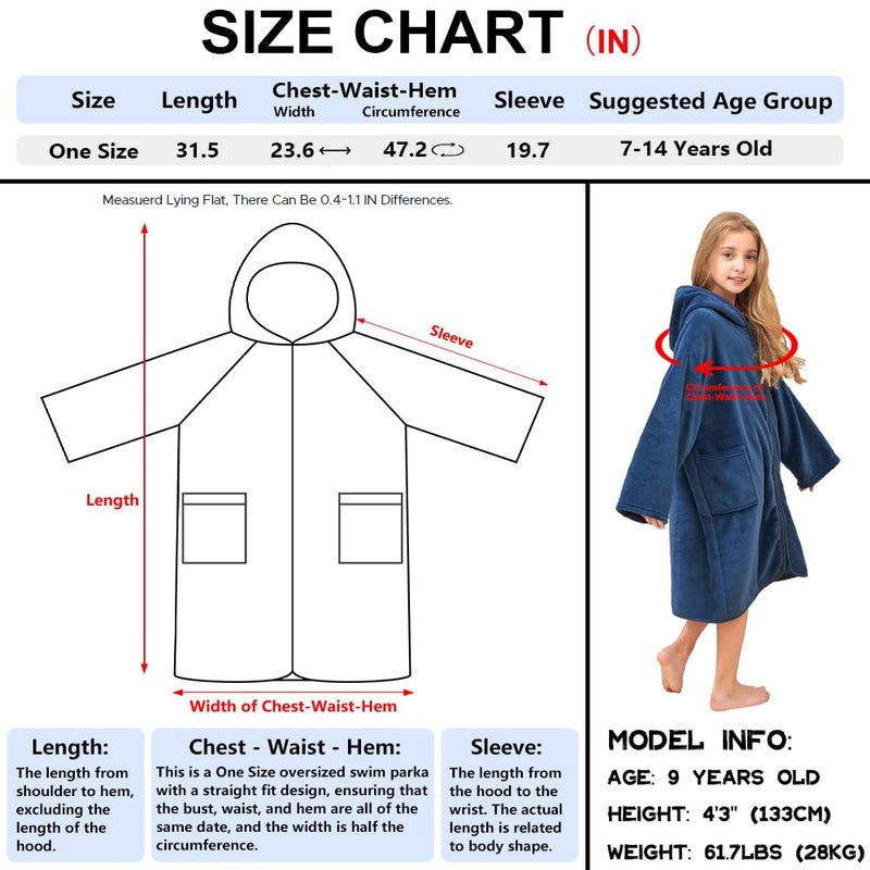 Hiturbo Kids Bath Towel Hoodie: Soft Plush Zipper Surf Poncho - Warm Fleece Changing Towels Swimming Outerwear (Navy) - Image 2