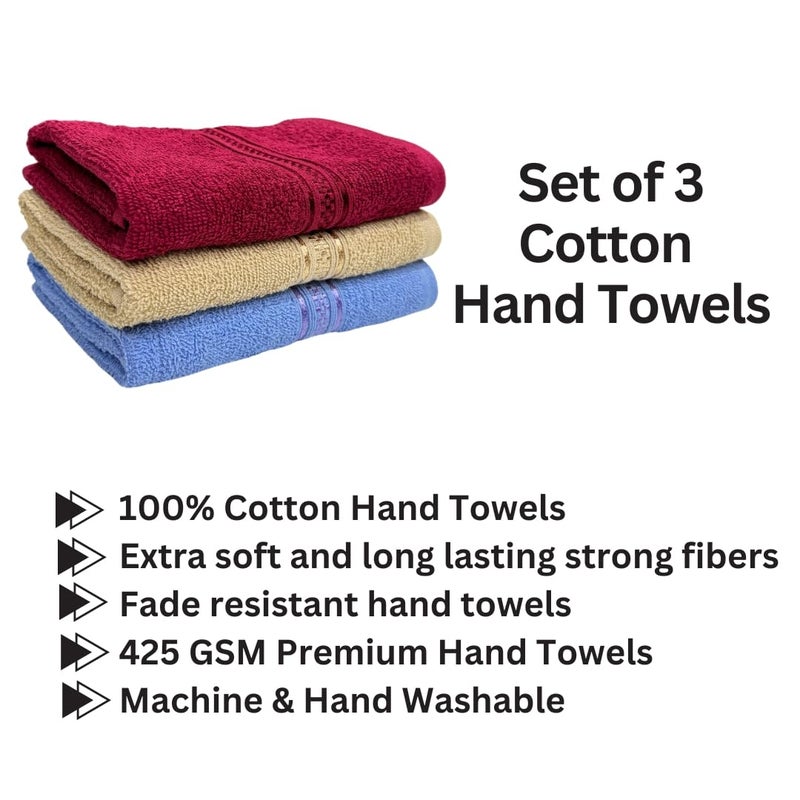STAMIO Cotton 425 GSM Hand Towel Set of 3, 40 X 60 cm for Men, Women, Home Use, Gym, Wash Basin, Sports, Workout | Soft, Absorbent, Quick Dry, Full Size Large | Maroon + Beige + Blue - Image 2