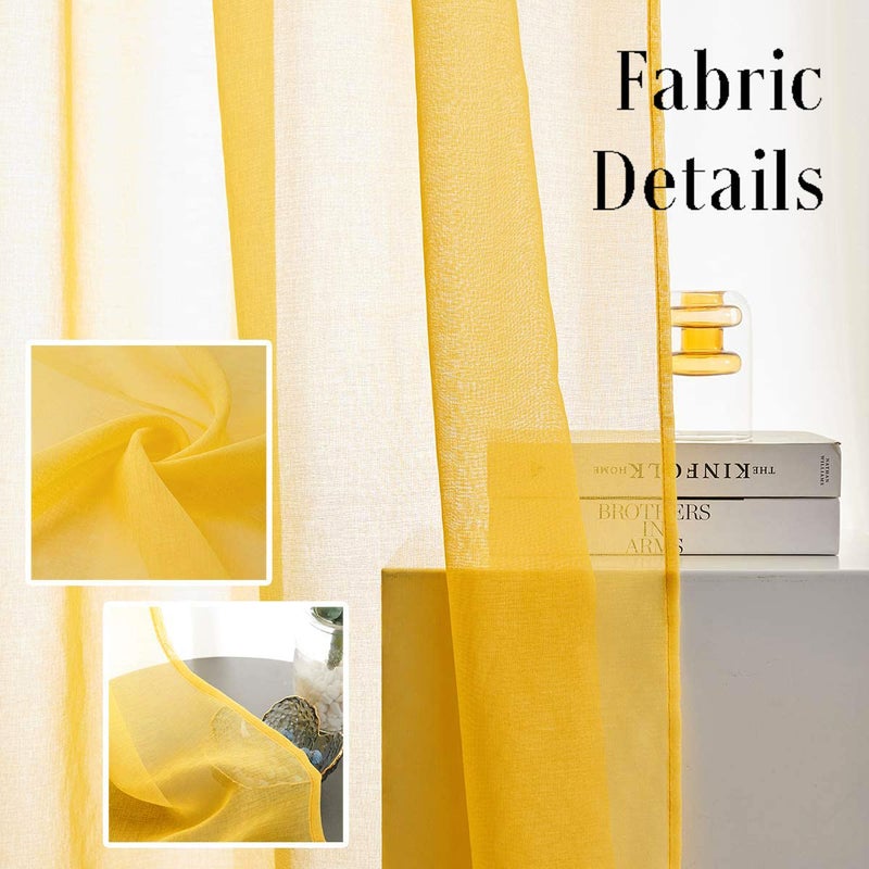 TOAVA DECO Christmas Yellow Semi Sheer Curtains 63 inch Length in Curtains Faux Linen Bright Yellow Sheers Curtain for Bedroom Living Room Girls Kids Room 2 Panels 52x63 Inches Long - Image 3