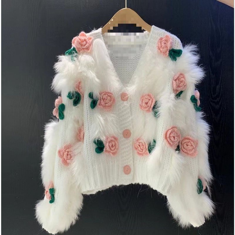 Slim New Autumn Crochet Age-Reducing Sweet Fashion Three-Dimensional Splicing High-Neck Long-Sleeved Flower New Style - Image 1