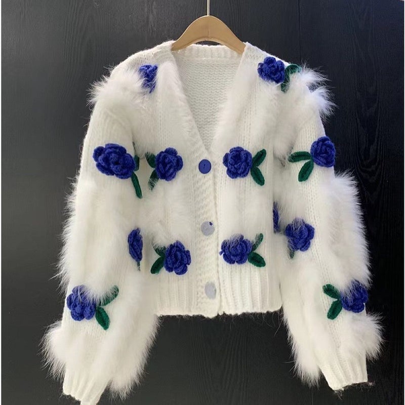Slim New Autumn Crochet Age-Reducing Sweet Fashion Three-Dimensional Splicing High-Neck Long-Sleeved Flower New Style - Image 4