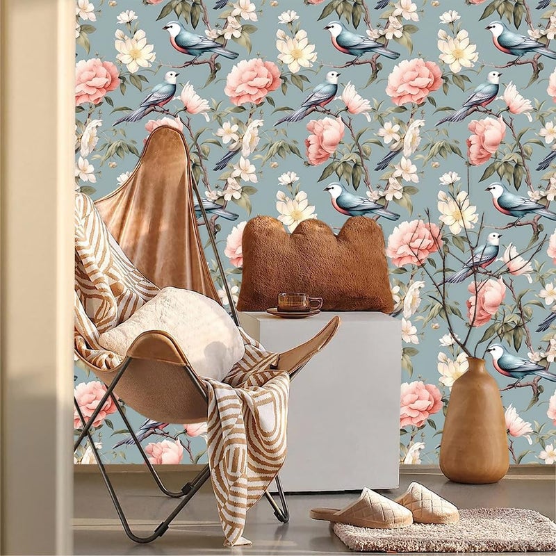 MuralPeel Vintage Blue Pink Peony Floral Bird Peel and Stick Wallpaper Easy Peel Off Self Adhesive Removable Stick on Wall Paper for Kitchen Renter Friendly - Image 3