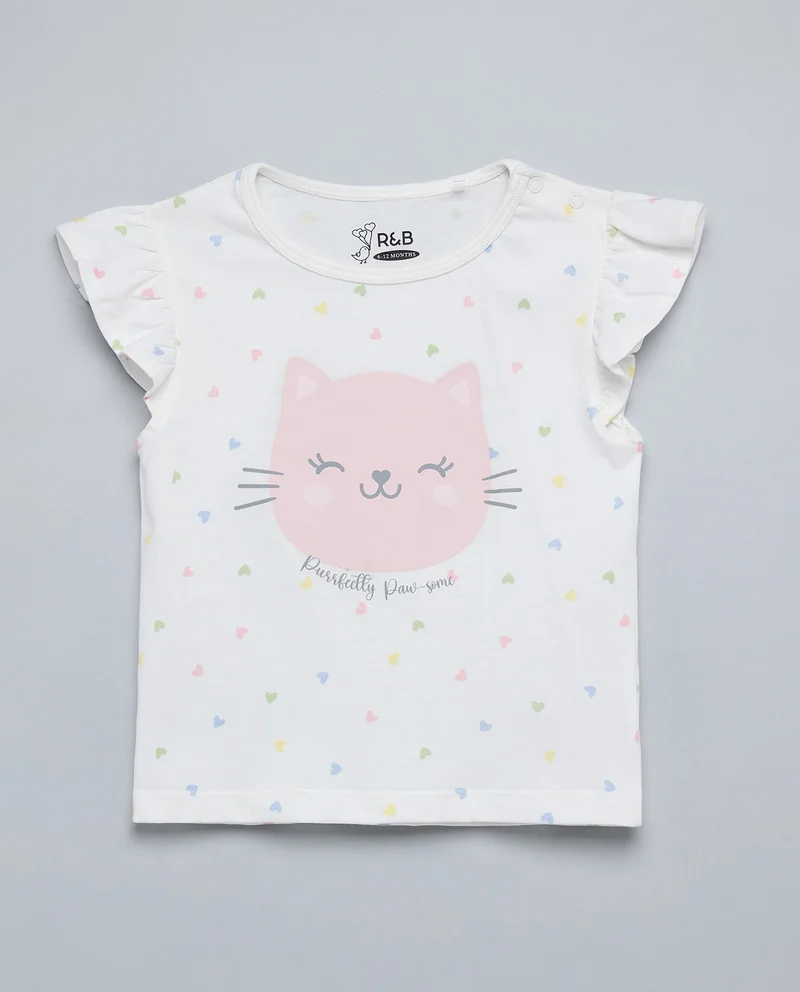 أر أند بي Printed Top with Crew Neck and Flutter Sleeves