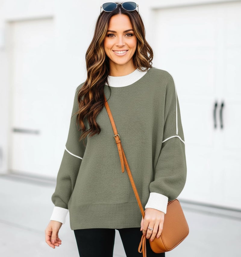ETCYY Womens Sweaters Fall 2026 Batwing Long Sleeve Side Slit Knit Tops Crew Neck Striped Oversized Sweater Pullover,Green,Large - Image 2