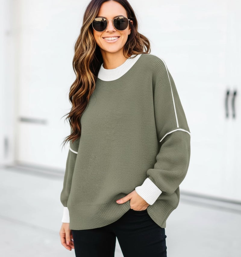 ETCYY Womens Sweaters Fall 2026 Batwing Long Sleeve Side Slit Knit Tops Crew Neck Striped Oversized Sweater Pullover,Green,Large - Image 4