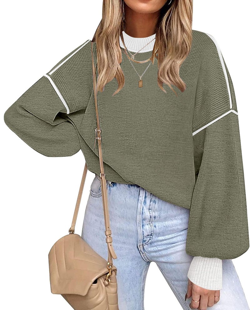 ETCYY Womens Sweaters Fall 2026 Batwing Long Sleeve Side Slit Knit Tops Crew Neck Striped Oversized Sweater Pullover,Green,Large - Image 1