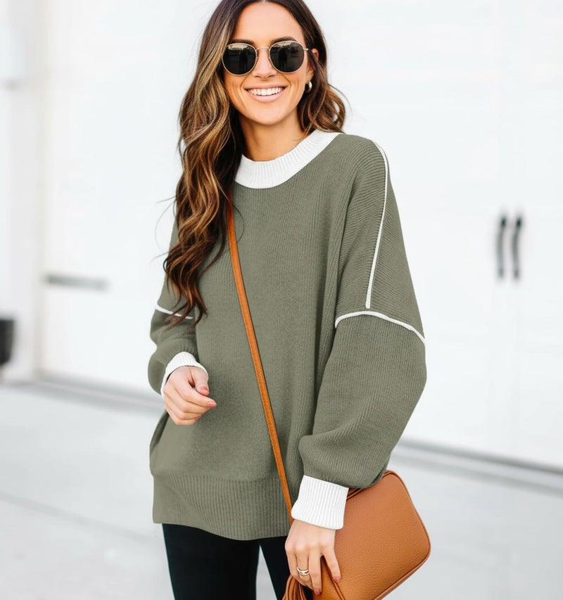 ETCYY Womens Sweaters Fall 2026 Batwing Long Sleeve Side Slit Knit Tops Crew Neck Striped Oversized Sweater Pullover,Green,Large - Image 3