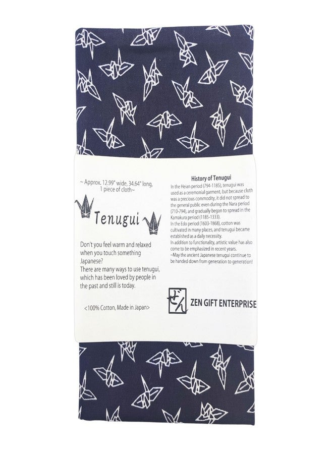 ZEN GIFT ENTERPRISE Tenugui Traditional Towel Made in Japan Fray Prevention 100% Cotton Eco Friendly Kitchen Towel Gift Wrapping Orizuru Crane Pattern White on Navy Blue 34.64" L x 12.99" W (88 × 33 cm). - Image 1