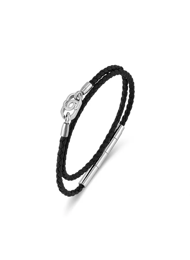 شيروتي 1881 Filippo Black Leather Double Wrap Motif Bracelet for Men