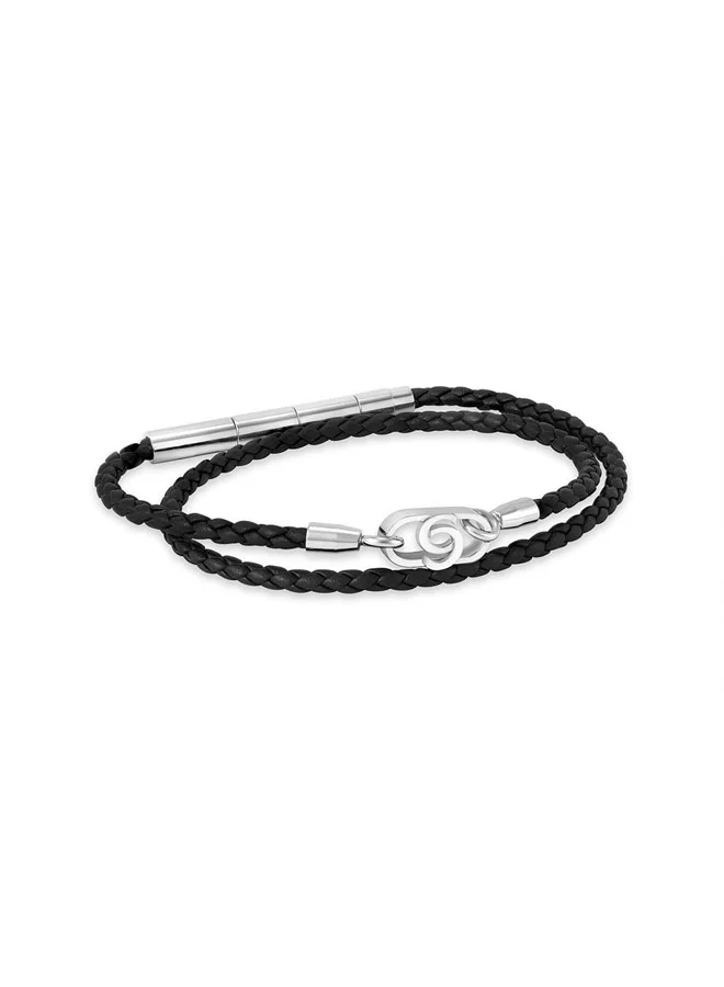شيروتي 1881 Filippo Black Leather Double Wrap Motif Bracelet for Men