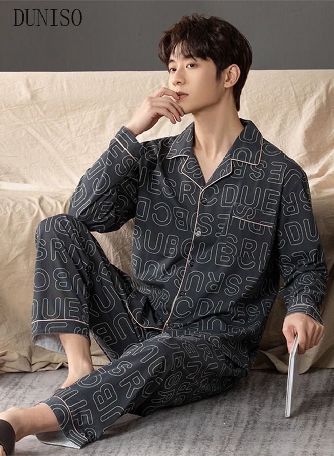 DUNISO 2-piece Men' s Pajama Set Cotton Long Sleeve Sleepwear with Button Classic Loungewear Nightwear Notch Neck Shirt and Waist Elastic Pants Pajama for Men Teenagers - Image 5