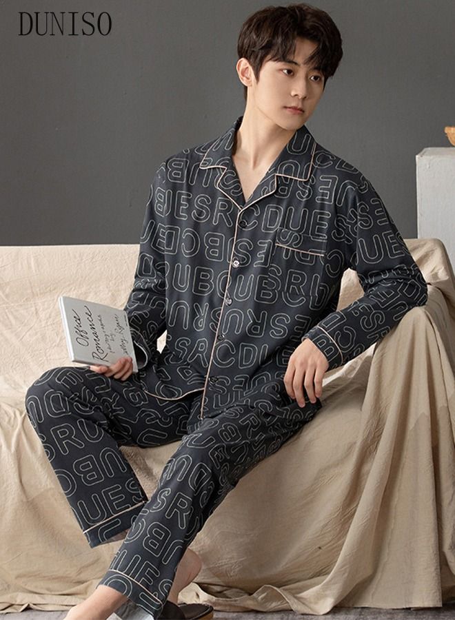 DUNISO 2-piece Men' s Pajama Set Cotton Long Sleeve Sleepwear with Button Classic Loungewear Nightwear Notch Neck Shirt and Waist Elastic Pants Pajama for Men Teenagers - Image 4