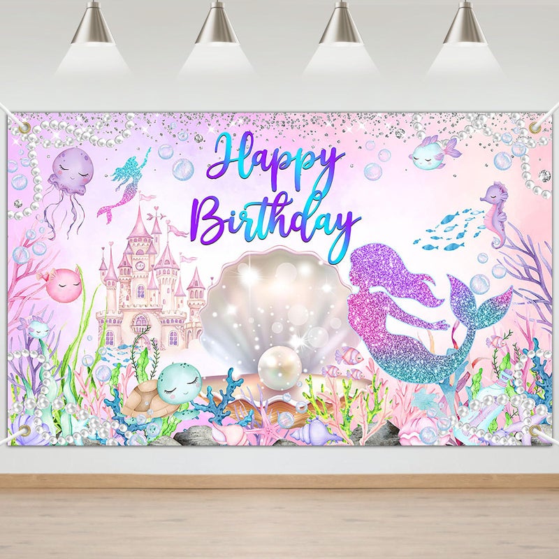 Avezano Mermaid Happy Birthday Backdrop Under The Sea Birthday Party Decorations Little Mermaid Backdrop for Girls Ocean Theme Bday Party Decor - Image 1