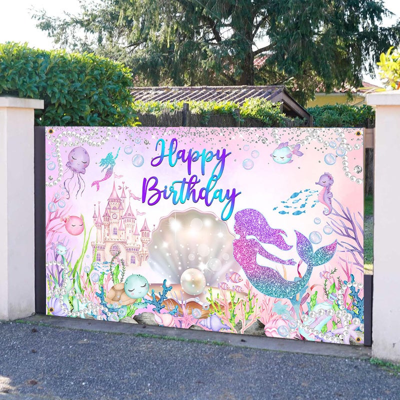 Avezano Mermaid Happy Birthday Backdrop Under The Sea Birthday Party Decorations Little Mermaid Backdrop for Girls Ocean Theme Bday Party Decor - Image 5