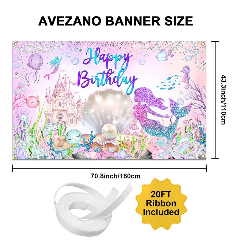 Avezano Mermaid Happy Birthday Backdrop Under The Sea Birthday Party Decorations Little Mermaid Backdrop for Girls Ocean Theme Bday Party Decor - Image 2