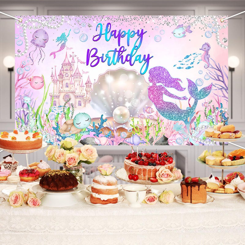 Avezano Mermaid Happy Birthday Backdrop Under The Sea Birthday Party Decorations Little Mermaid Backdrop for Girls Ocean Theme Bday Party Decor - Image 3