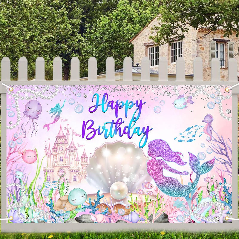 Avezano Mermaid Happy Birthday Backdrop Under The Sea Birthday Party Decorations Little Mermaid Backdrop for Girls Ocean Theme Bday Party Decor - Image 4