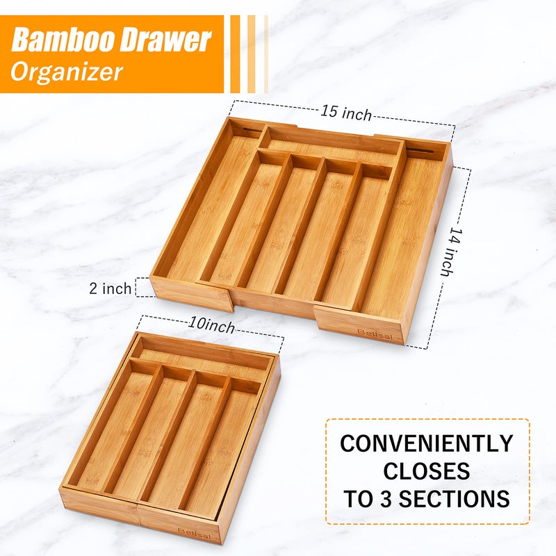 Bellsal Silverware Organizer Kitchen Drawer Organizer Expandable Bamboo Utensil Holder Cutlery Tray for Kitchen Utensil and Flatware Bedroom Office - Image 2