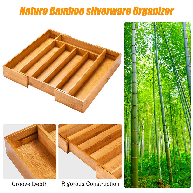 Bellsal Silverware Organizer Kitchen Drawer Organizer Expandable Bamboo Utensil Holder Cutlery Tray for Kitchen Utensil and Flatware Bedroom Office - Image 5