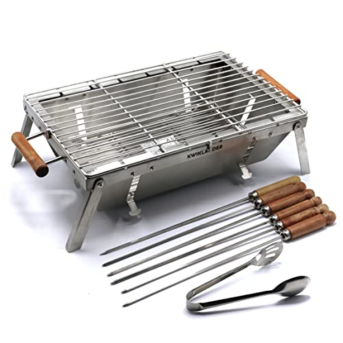 KWIKLANDER-Compact Portable Foldable Stainless Steel Tandoor Charcoal Barbeque Bbq Grill Set With 6 Skewers,Tongs,Bag,Charcoal Tray + Top Cooking Grate For Home Garden(44 X 28 Cm),Free Standing - Image 1